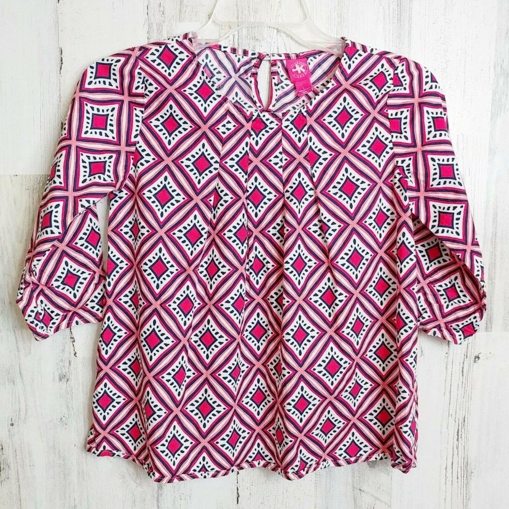 J. Khaki Girls Large 10-12 Blouse Shirt Pink Blue Print 3/4 Sleeves